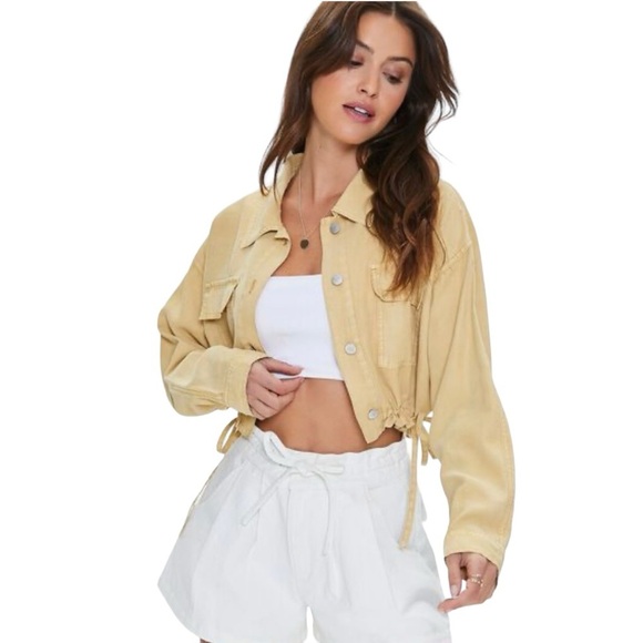 Forever 21 Cropped Drawstring Twill Jacket Size M Button Front Light Yellow - Picture 1 of 11